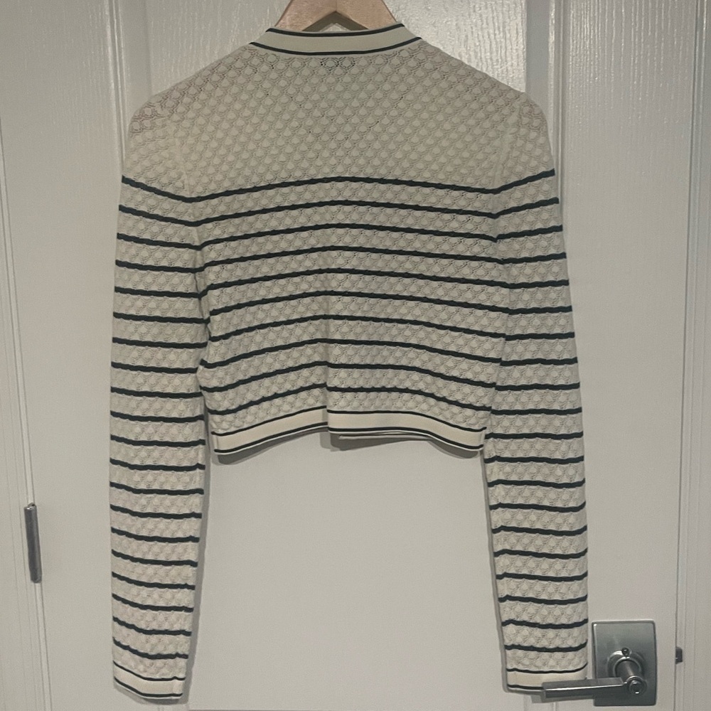 SANDRO Cropped White and Black Striped Cardigan Gold Hardware Buttons Sz 2 = Med - Picture 7 of 12